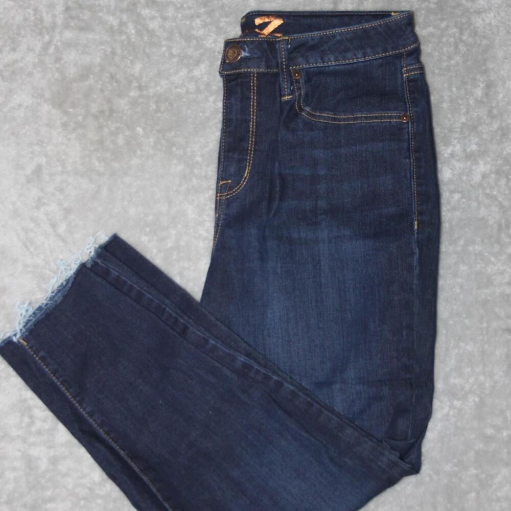 Seven7 Jeans Womens 8 Blue Dark Wash Skinny Distressed Fringe Embroidered